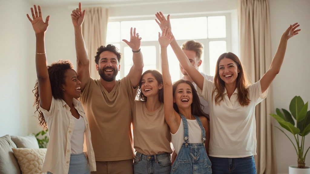 Счастливая семья празднует финансовую победу, делится позитивными эмоциями