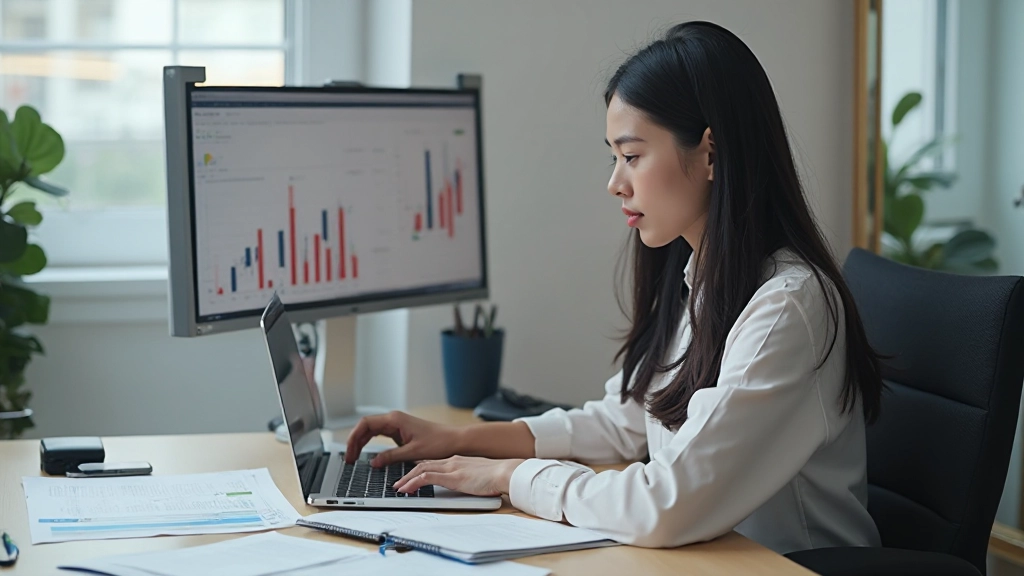 Профессиональное фото женщины, анализирующей финансовые графики и статистику на компьютере в офисе